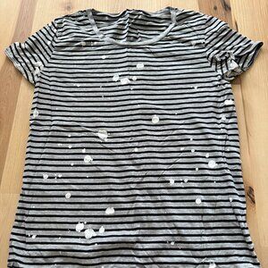 ASOS men's black & grey striped t-shirt with white splatter print size M